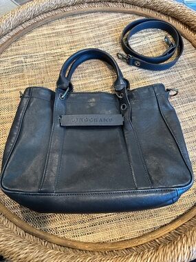 LONGCHAMP Leather Satchel Crossbody Bag Black GUC